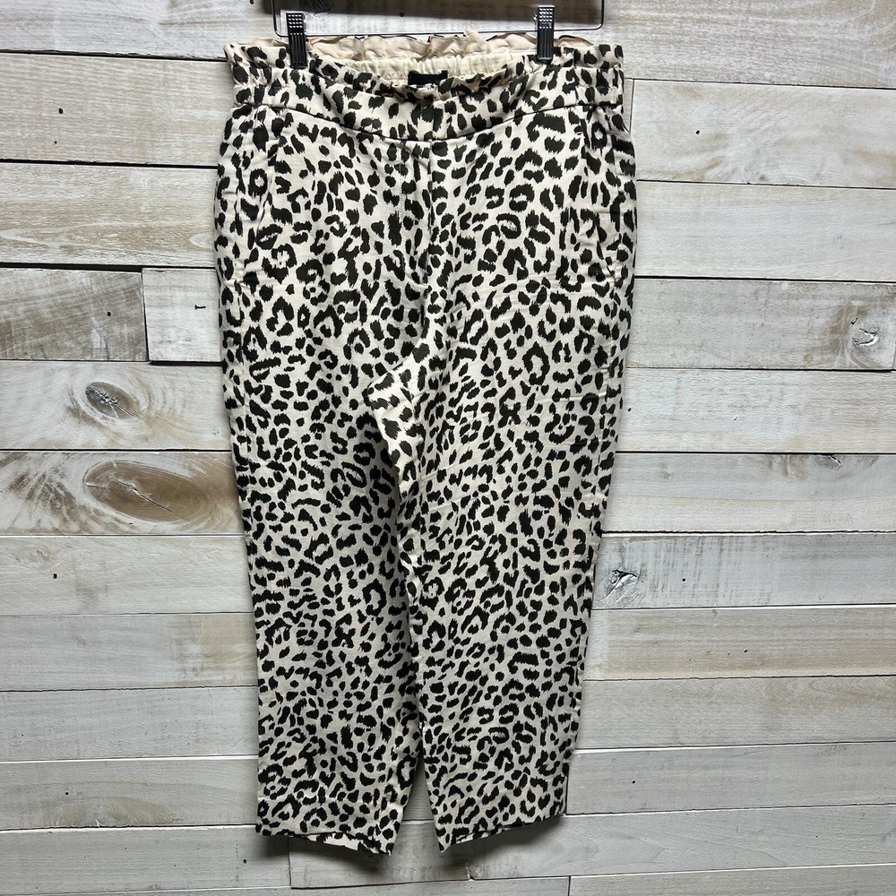 J Crew Pants Womens 8 Linen Blend Beige Leopard Straight Crop Beach Resort